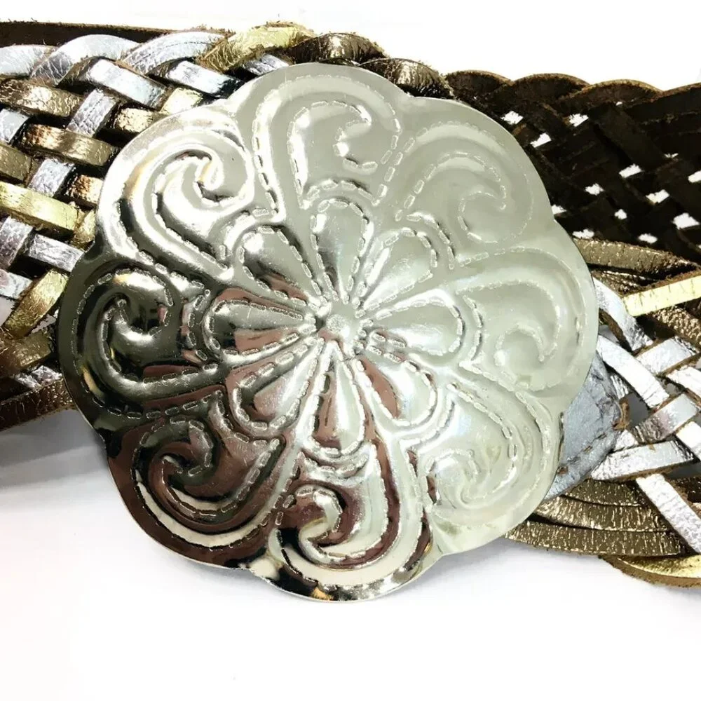Metallic Silver Gold Braided Leather Sz S Belt 36” Large Metal Medallion Closure